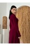 Women's Burgundy Midi Dress with Crew Neck, Long Sleeves, Button and Pocket Cover Detail - 6