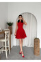 Women's Red Mini Dress with Crew Neck, Sleeveless, Pockets, Flared Skirt, Stylish Design - 4