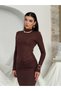 Women's Coffee Color Stand Collar Long Sleeve Gathered Slit Midi Pencil Dress - 5