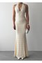 Women's Beige Lace Halter Neck V-Neck Strapless Look Long Event Dress - 2