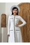 Women's White Midi Dress with Crew Neck, Long Sleeves, Button and Pocket Cover Detail - 6
