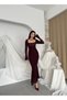 Women's Plum Midi Dress Square Neck Long Lace Sleeves Draped Evening Dress - 2