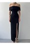 Women's Black Strapless Midi Dress Boat Neck Floral Appliqué Slit Atlas - 2