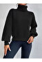 Women's Black High-Neck Oversize Knitwear Sweater Ribbed Flowy Soft Textured Cotton Turtleneck - 4