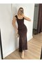 Women's Brown Lace Detailed Off-The-Shoulder Asymmetrical Cut Long Evening Dress