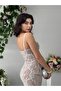 Women's White Lace Midi Dress with Straps, Square Collar, Gathered Detail, Floral Pattern - 5