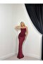 Women's Burgundy Strapless Maxi Dress with Draped Skirt and Open Back for Special Occasions