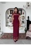 Women's Burgundy Midi Dress with Lace Cape Collar and Draped Slim Fit Event Dress - 4