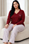 Burgundy Patterned Embroidered Cotton Lycra Large Size Oversized Knitted Pajama Set26240921