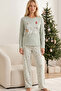 Green Patterned New Year's Themed Cotton Lycra Knitted Pajama Set26241178 - 2