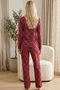 Burgundy Patterned Buttoned Cotton Lycra Crew Neck Knitted Pajama Set26240289 - 3
