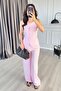 Women's Pink Bottom - Top Set Sleeveless Buttoned Blouse Pants Set High Waist Wide Leg Plain Textured
