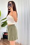 Women's Khaki Muslin Textured Pocketed Elastic Waist Lace-Up Short Shorts - 2