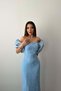 Women's Baby Blue Dress Midi Square Neck Balloon Sleeves Beaded Embroidery Pencil Cut - 3