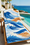 Japanese-Inspired Blue Beige Big Wave Patterned 70X150 Beach Towel - Digital Printed Bath Towel - 4