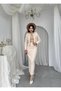 Women's Beige Skirt Suit Set with Boucle Bow Detail, Long Sleeve Jacket and Midi Skirt Set - 6