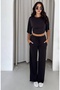 Women's Pique Textured Crop Blouse with Gathered Sides and Tie-Waist Wide-Leg Pants Two-Piece Set - 4