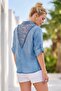 Indigo Shirt Collar 3/4 Sleeve Buttoned Pocketed Tie-Waist Embroidered Back Cotton Woven Blouse 65 60 - 3