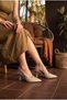Women's Beige Patent Leather Elegant Stone Buckle Pointed Toe Heeled Evening Dress Shoes - 8