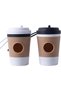 Two dog poop bag holders, a dog poop bag holder shaped like a coffee cup, plastic dog poop bag holder.