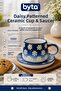 Blue Daisy Patterned Ceramic Mug with Plate – Embossed Handmade Look Coffee and Tea Cup Set