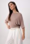 Dark Mink Regular/Normal Fit Degaje Collar Short Sleeve Soft Knitted Blouse Twoss26Bz00913
