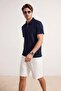 Navy Blue Regular/Comfortable Zippered Textured Fabric Knitted Polo Collar T-Shirt Tmnss26Po00045