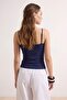 Navy Blue Plain Fitted Pool Collar Spaghetti Strap Sleeveless P Cotton R Rib Knit Knitted Undershirt Twoss26Al00034 - 4