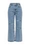 Mavi Yüksek Bel Wide Leg %100 Pamuk Yırtıklı Jeans - 4