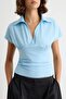 Light Blue Fitted Polo Neck Short Sleeve Gathered 100% Cotton Knitted Blouse Twoss26Bz00336 - 3