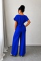 Cobalt Blue Women's Short Sleeve Double Breasted Collar Self Belted Jumpsuit - 2