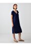 Navy Blue Relaxed Cut V-Neck Short Sleeve Knitted Midi Dress - 3