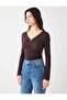 Bitter Brown V-Neck Long Sleeve Ruched Detail Knitted Blouse - 3