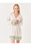 White Three Quarter Sleeve Patterned Linen Dress - 3