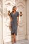 Double-breasted short sleeve fluffy belted midi length dress gray 581811
