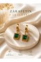 Gold Steel Earrings Emerald Green Square Crystal Stone Earrings - 2