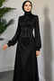 Stone Detailed Volan Sleeve Satin Hijab Evening Dress - 4