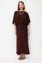 2112 Women's Draped Waist Drawstring Detailed Bat Sleeve Midi Dress Brown - 2