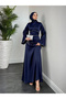 Satin Evening Dress with Stones on the Sleeves and Waist in Navy Blue