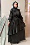 Floral Detailed Collar and Waist Drawstring Belted Evening Dress
