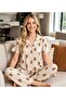Cream Brown Striped Teddy Bear Pattern Shirt Collar Button Milan Fabric Women's Pajama Set