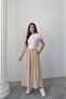 Elastic Waist Wide Cut Flared Double Crepe Trouser Skirt - Beige - 4