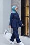 Half-Buttoned, Pleated Front, Tie-Waist Denim Suit with Trousers - Navy