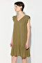 Linen Dress with Lace-Up Back and Ruffles - Khaki - 3