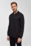 Black Regular Plain Zippered Polo Collar Sweatshirt - 3