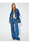 Oversized Long Denim Jacket Faux Leather Collar - 3