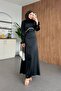 Ahur Stone Sleeves Ruffled Satin Hijab Evening Dress - Black - 4