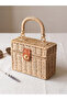 Women's Handmade Covered Straw Bag - Camel Rattan Boxed Model 17X23 cm Cnt1033