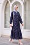Elastic Sleeves, Half Buttoned, Jacquard Printed, Parted Dress - Navy