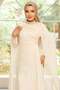 Yoryo Silk Hijab Evening Dress with Stone Collar and Cape Detail Cream 1247 - 6